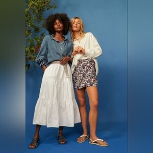 Xirena Angeline Tiered Cotton Midi Skirt XL Cream Boho Poplin Skirt w/ Pockets